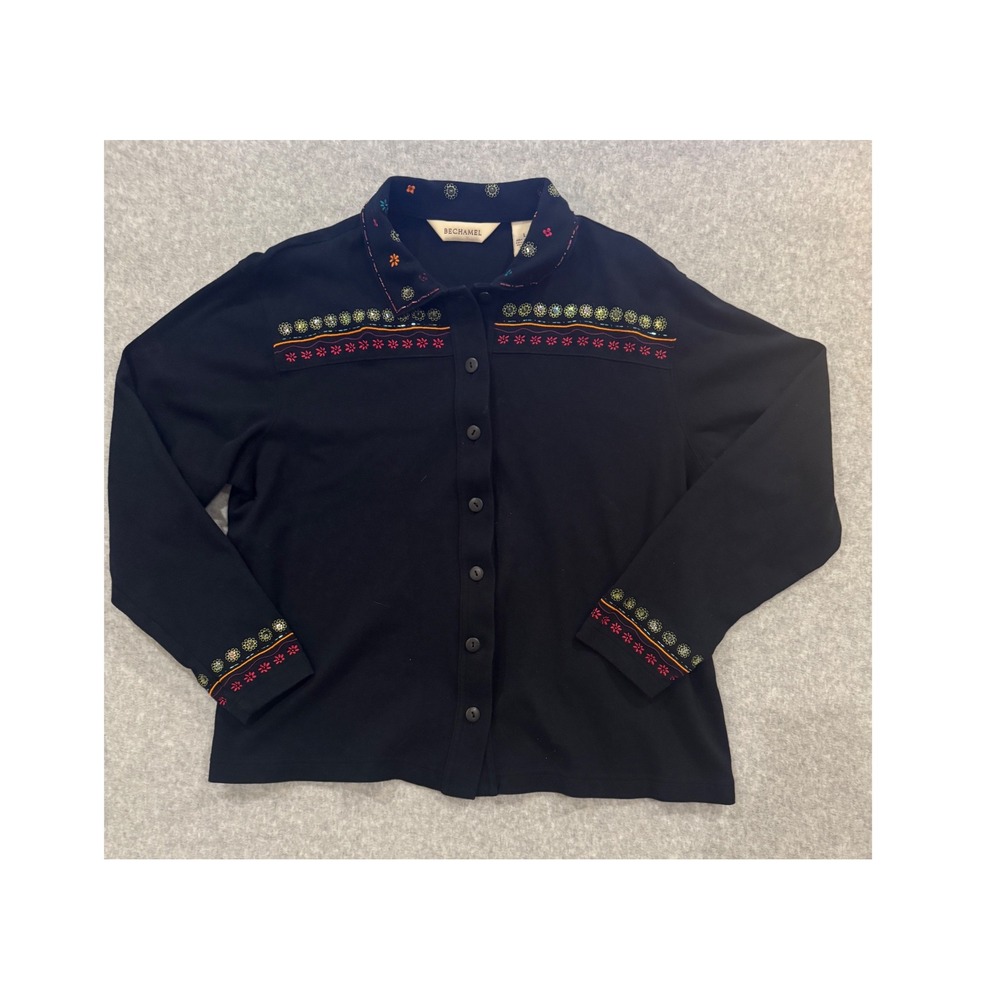 Bechamel Women's Cotton Embroidered Sequin Floral Button Down Cardigan L VTG - Picture 2 of 11